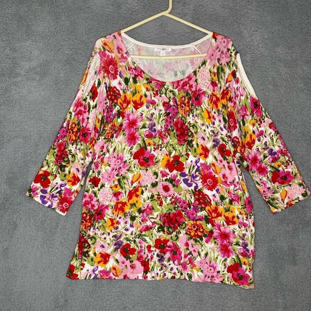Roz & Ali womens floral colorful all over pattern top stretch cold shoulder 2X